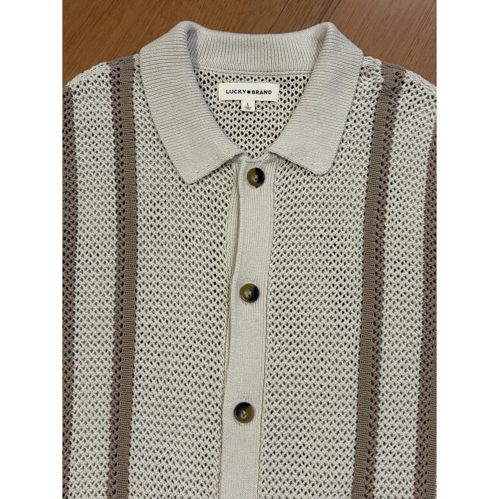Lucky Brand Striped Crochet Cardigan Sweater Collared Button Short Sleeve Beach - Picture 3 of 16